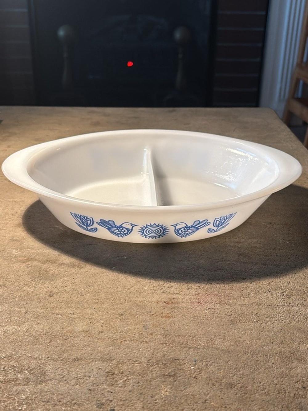Vintage Glasbake White Divided Serving Dish with Blue Bird Motif